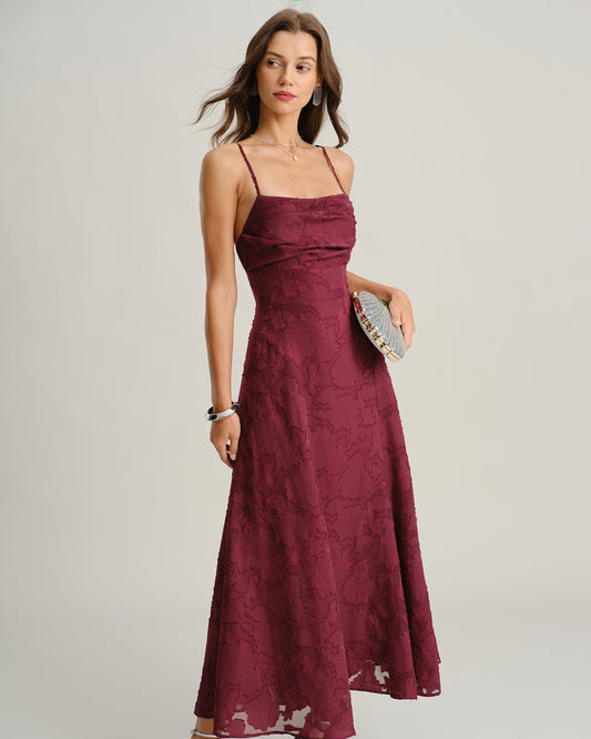 Valeria | Vestido Largo Burdeos Textura Elegante Espalda